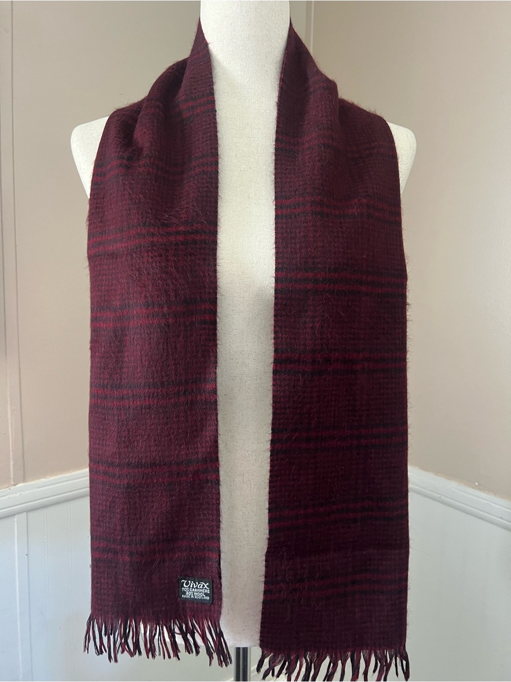 Vintage Vivax Burgundy Plaid Fringe Men’s Scarf